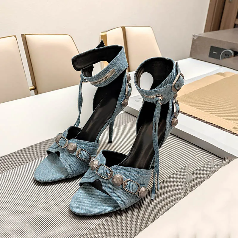Women's Denim Heeled Mules - Pointed Toe Stiletto Backless Slides In Black & Blue