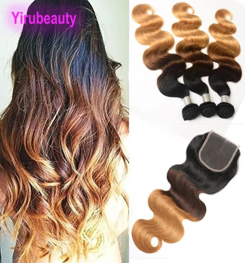 Cheveux vierges brésiliens Ombre 1B 4 27 vague de corps 100 cheveux humains non transformés 3 paquets avec fermeture en dentelle 4X4 1576943