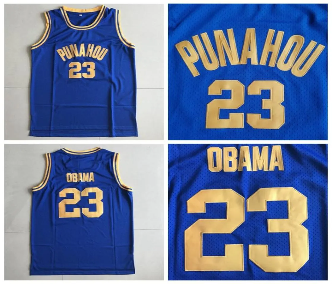 Herren Vintage 23 Barack Obama Punahou High School Basketball-Trikots, blau-weiß genähte Hemden SXXL1911757
