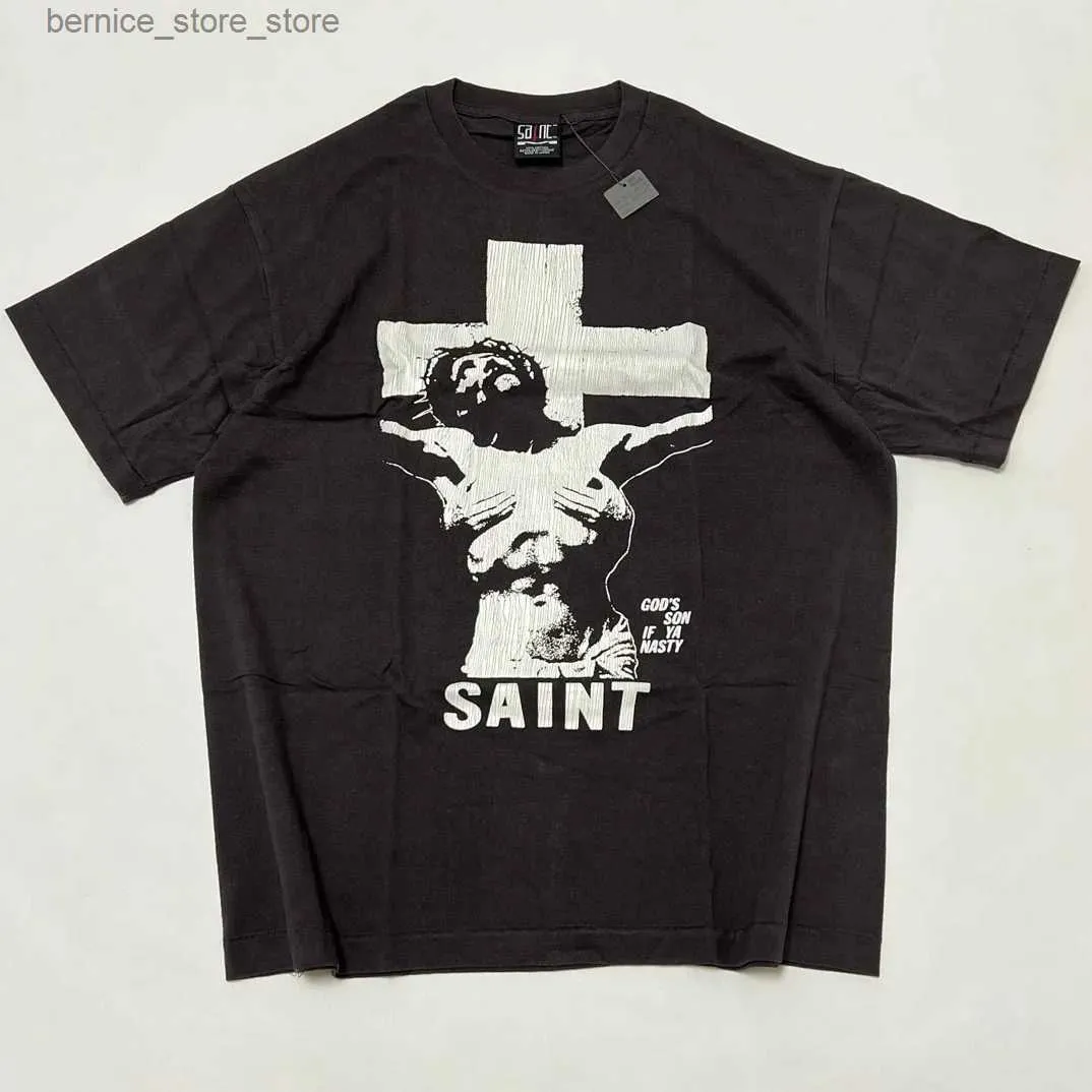 Magliette da uomo Magliette da uomo Alta qualità SAINT 22ss DMJ T-shirt a maniche corte vintage lavato Tee oversize Jesus Stampato T-shirt in cotone screpolato da uomo Q240304