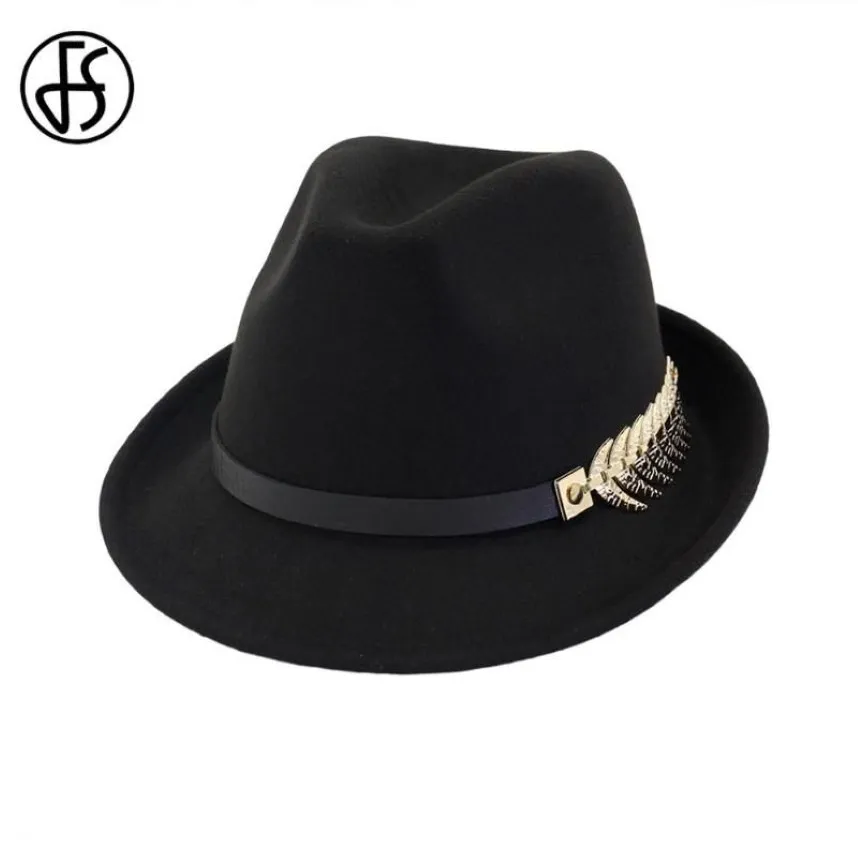 FS New Wool Felt 여성 남성 남성 Fedora Hat for Spring Autumn Elegant Trilby Jazz Hats Panama Cap Black Curl Brim266Z