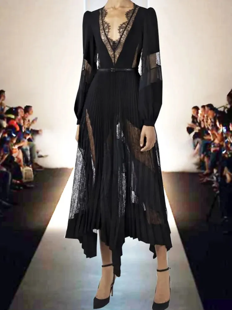 Fashion Runway Dress Spring Autumn Women V Neck Lace Chiffon Black Colour Asymmetrical Vestidos Belt Sliming