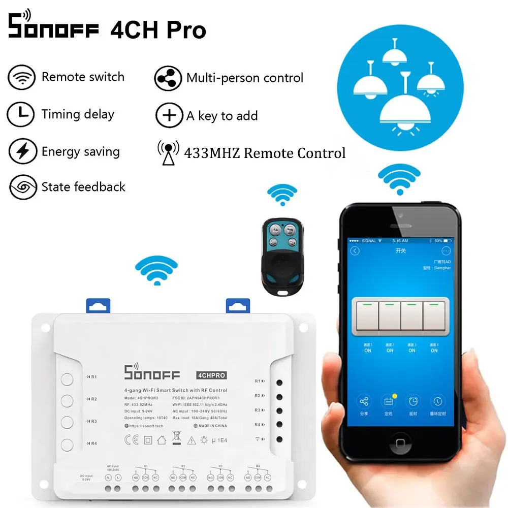 Control Sonoff 4chPror3 Smart WiFi Light Switch 4 gang, 3 tryby robocze Inching Flockling Selfling RF/WiFi Switch działa z Alexą