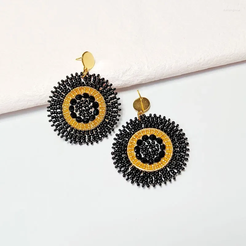Boucles d'oreilles pendantes en alliage de style bohémien, perles rondes noires, ajouré, tendance, Simple, tricot à la main, géométrie, individualité, perle de riz