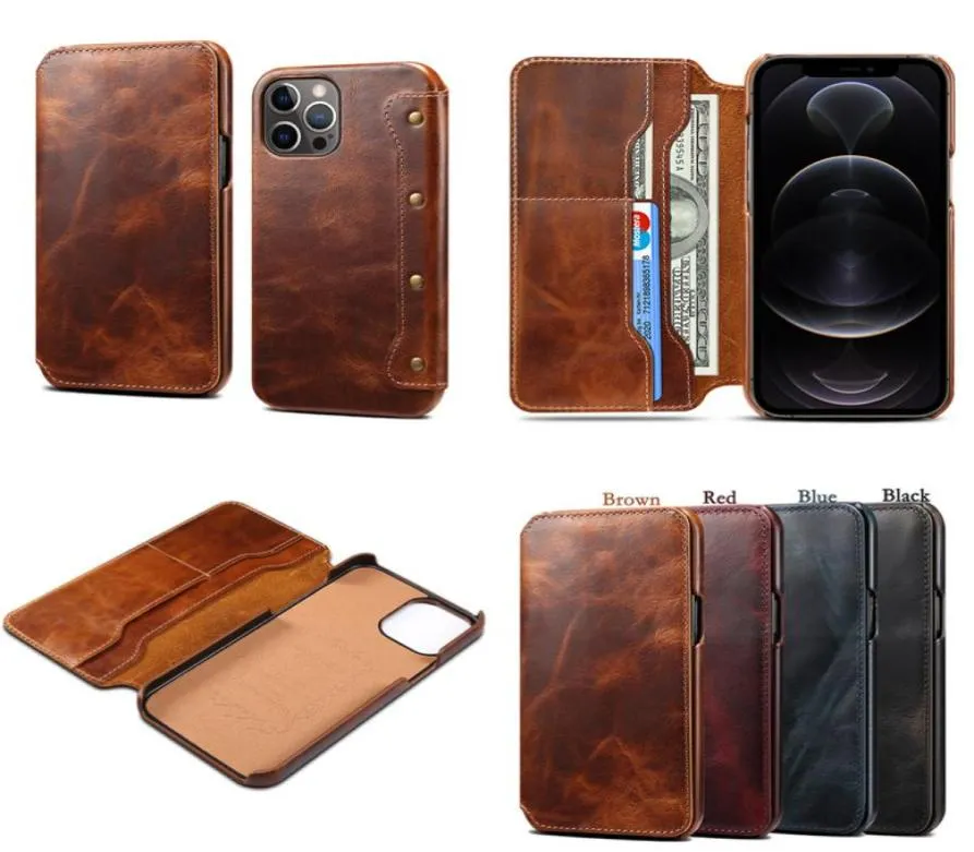 Äkta cowhide folio -telefonfodral för iPhone 13 12 mini 11 Pro Max XR XS Samsung S10 S9 Note9 Dual Card Slots Real Leather Plånbok C6559960