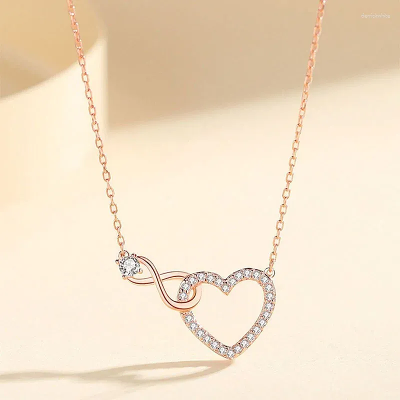 Pendanthalsband 925 Sterling Silver Rose Gold Color Cute Heart Crystal Statement Necklace For Women Valentines Day Gift Fashion Jewelry