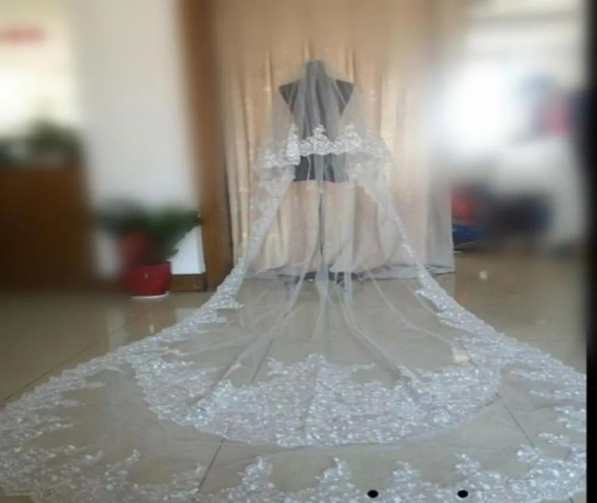 Véus de noiva de duas camadas, imagem real, romântico, comprimento da catedral, véus de casamento com apliques de renda, véus de cristal branco ou marfim, venda 4741500