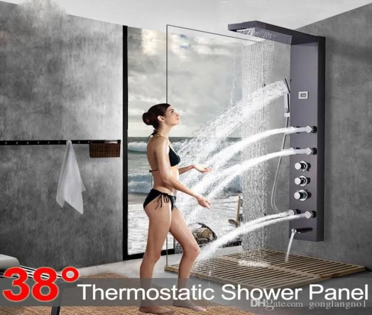 Panneaux de douche cascade de pluie noire, Jets de Massage, colonne de douche, mélangeur thermostatique, robinet de douche, tour de douche, bec de baignoire 7738259