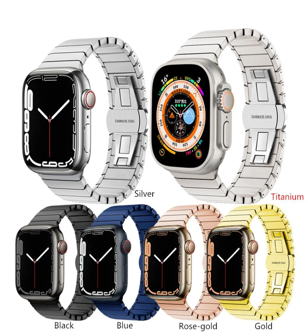 Smarta remmar Titaniumlegeringslänk Armband Rostfritt stål Watchband Starlight Color Straps Band Butterfly Clasp för Apple Watch S4482193