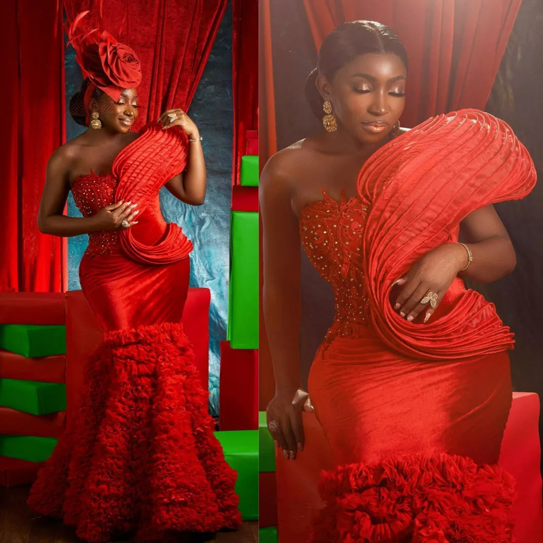 アフリカン・アソebiプラスサイズのウエディングドレスイブニングドレス赤い肩の片方の肩のアップリケートレースビーズプリーツチュールフォーマルガラバースデーガウン黒人女子AM462