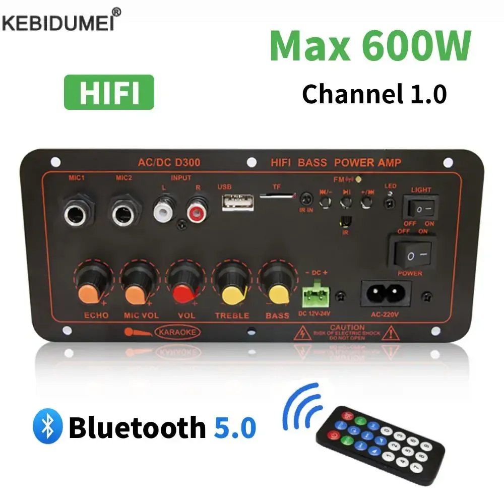 Högtalare Bluetooth Audio Amplifier Board 600W 300W Subwoofer Dual Microphone amp -modul för 8 ohm högtalare 12/24V 110/220V