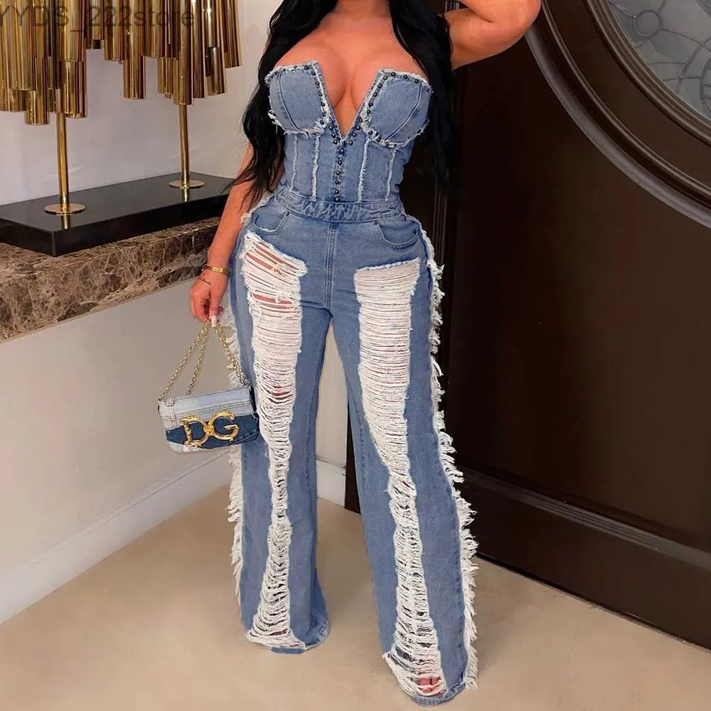 Jeans Jeans Flare Leg Jeans Hollow Solid Out Sexy Club Strapless Sleeveless High-end Ripped High Waist Wide Leg Jumpsuits 240304