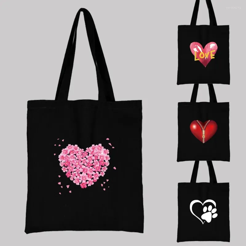 Shopping Bags Women's Fabric Bag Fashion Classic Love Heart Pattern Series Shoulder Reusable Black Print Canvas Shoper Tote