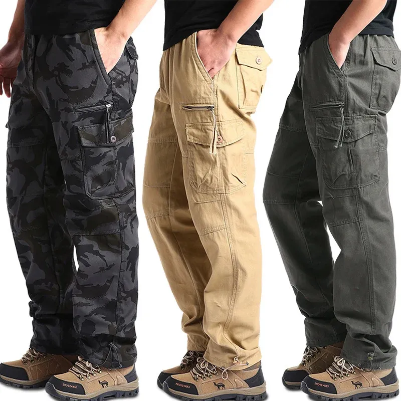 Mens Overalls Loose Straight Multi-Pocket Casual Pants Outdoor Training Sports Camouflage Tactical Pants Cotton Comfort 240304