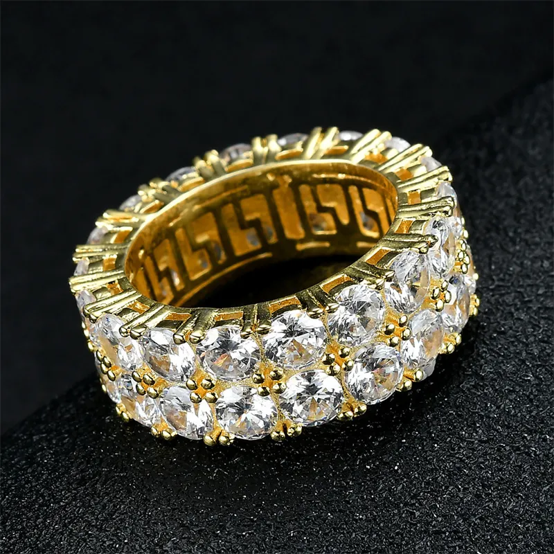 Men Gold Ring Cubic Zirconia Engagement Diamond Rings 8mm Iced out 2 Rows Round Cut Eternity Chunky Ring Unisex Hip Hop Jewelry