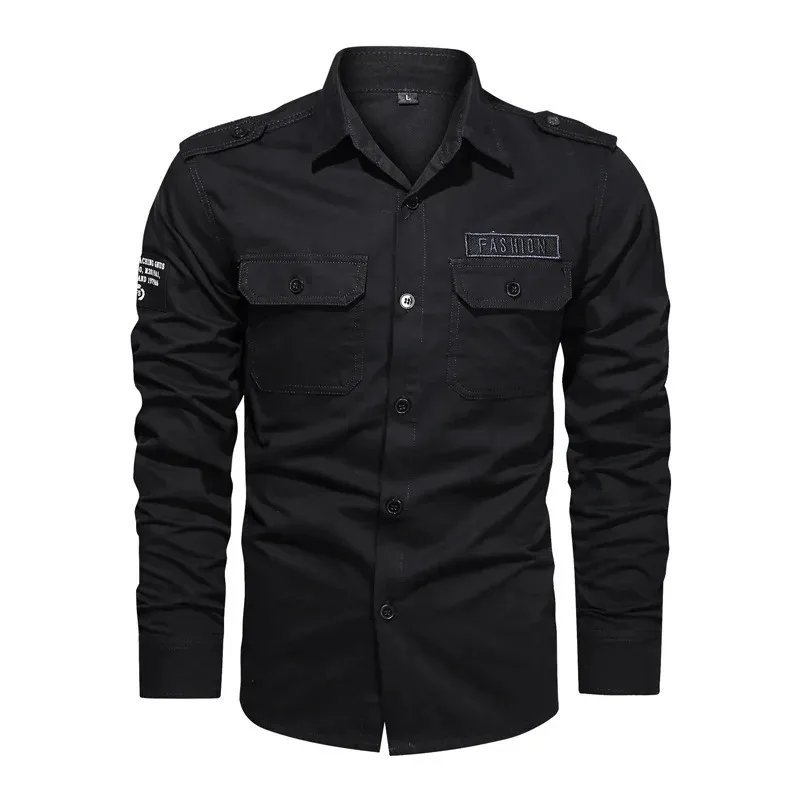 Хлопковая рубашка, мужская повседневная однотонная блузка с длинным рукавом, высококачественная военная рубашка, брендовая одежда, черные рубашки-карго для мужчин 6XL 240220