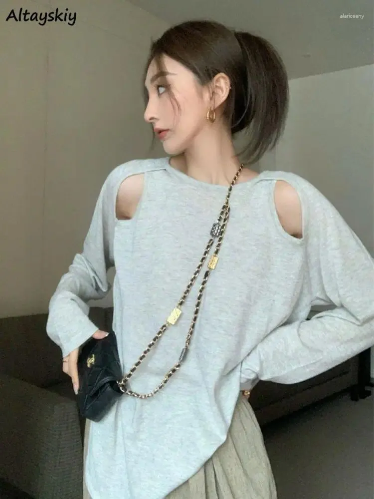 Kvinnors T-skjortor ihåliga T-shirts kvinnor Stylish Chic Loose All-Match Spring Long Sleeve Tees High Street Lady Korean Tops Minimalist