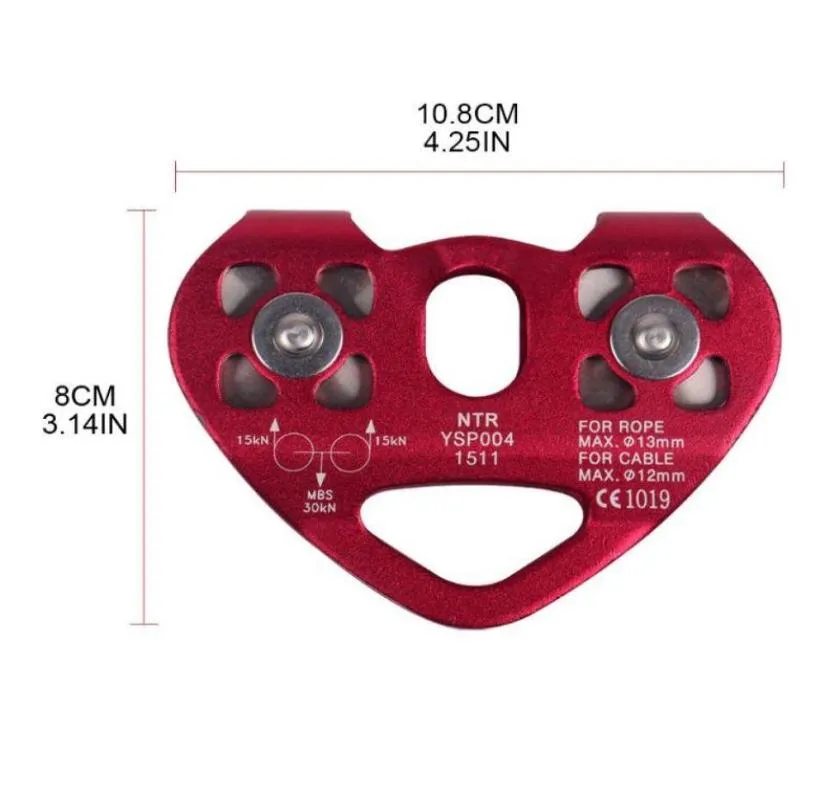 Koorden Stroppen en singels 30KN Dubbele trolley Katrol Aluminium Zip-lijn Rotsklimmen Bergbeklimmen Redding U7EF3205025