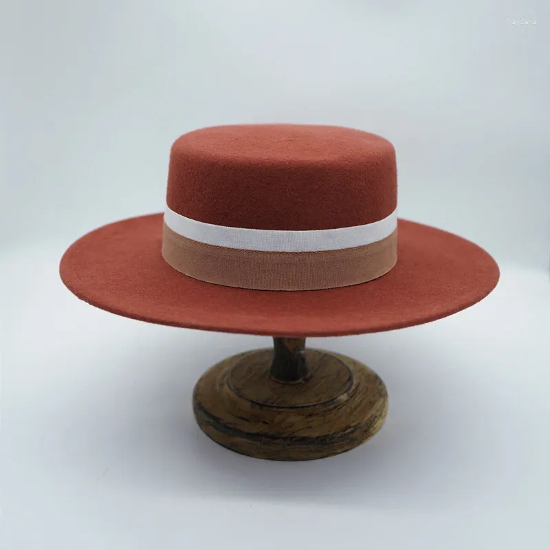 Berretti Cappello a tesa larga in lana rigida Fedora invernali Classico Panama Rancher per donna Boater Fascia rossa ruggine Festa per donna