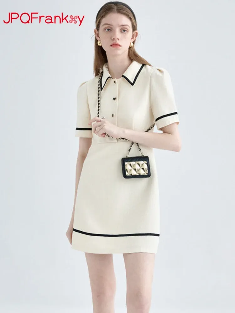 Dresses Bubble Sleeve Dress Women's Summer New Contrasting Polo Collar French Design College Style Small Fragrance Dress White Dress