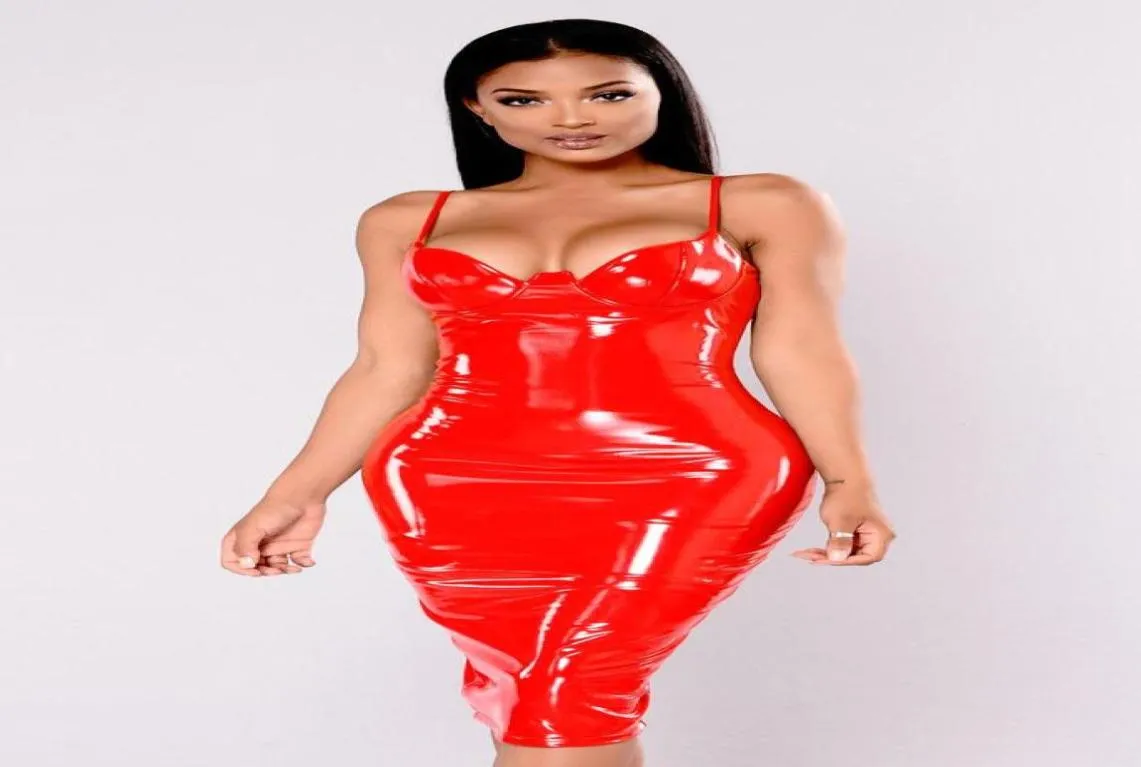 Vrouwen Sexy Wetlook Rood Zwart Latex PVC Jurk Sling Rits Clubwear1563215