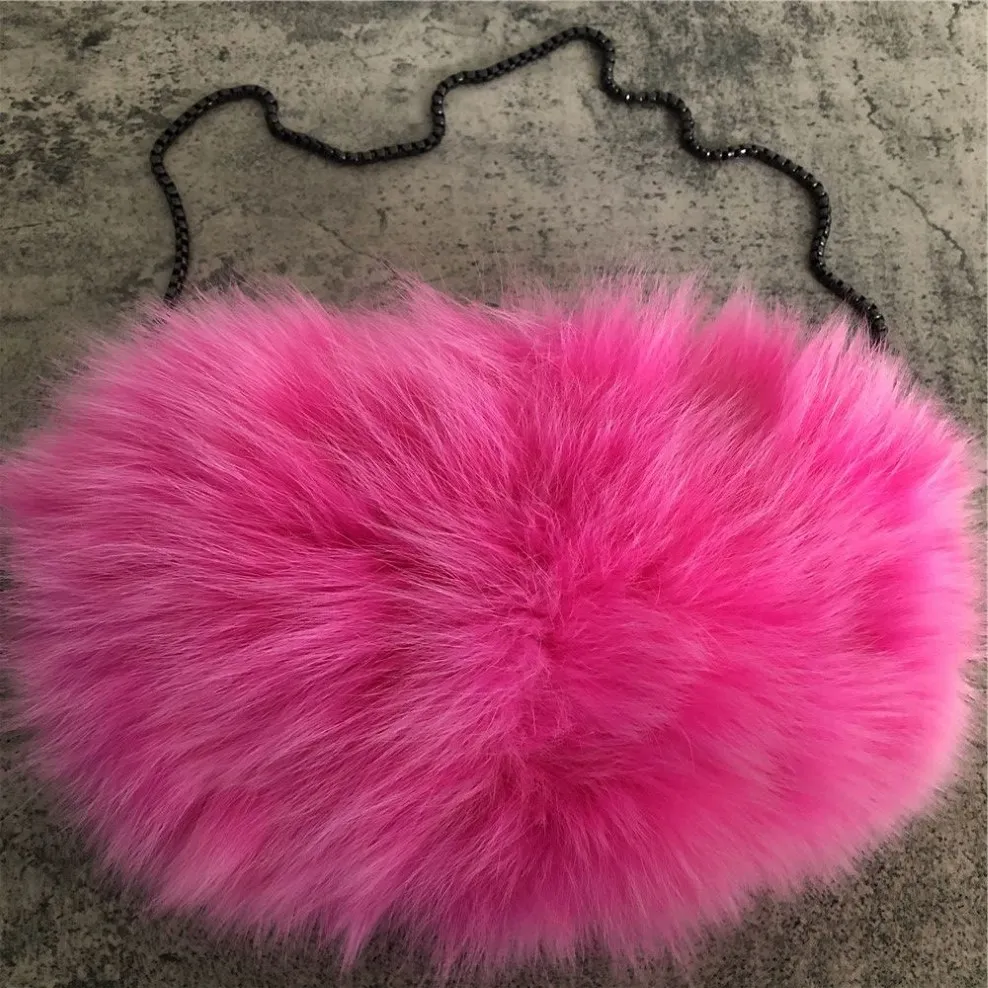 Pink- Real Fox Fur Bag Ladies Bag Hand varmare kedja axelhandväska Tote Purse Bag281e
