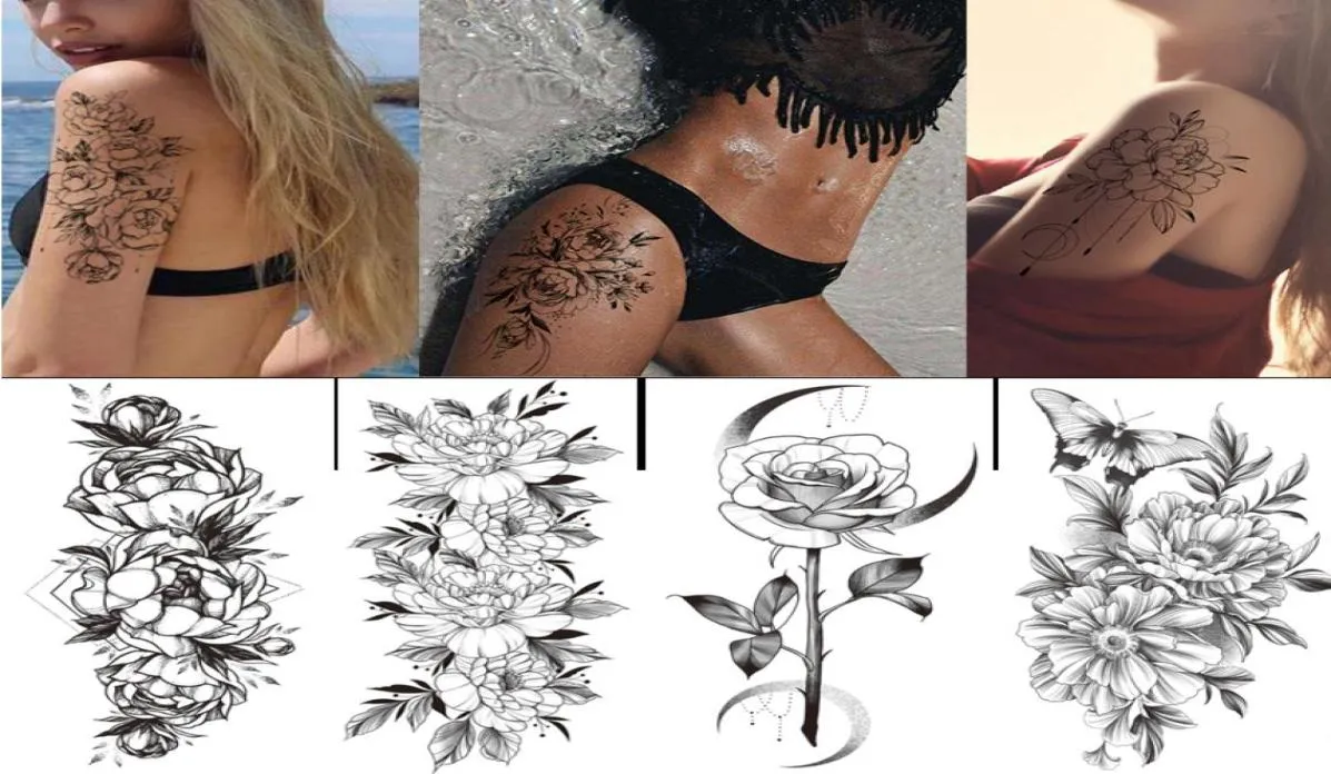 100 peças tatuagens temporárias à prova d'água com flores pretas inteiras, arte corporal feminina, beleza sexy, design de rosa, flash, adesivo de tatuagem falsa t1025004