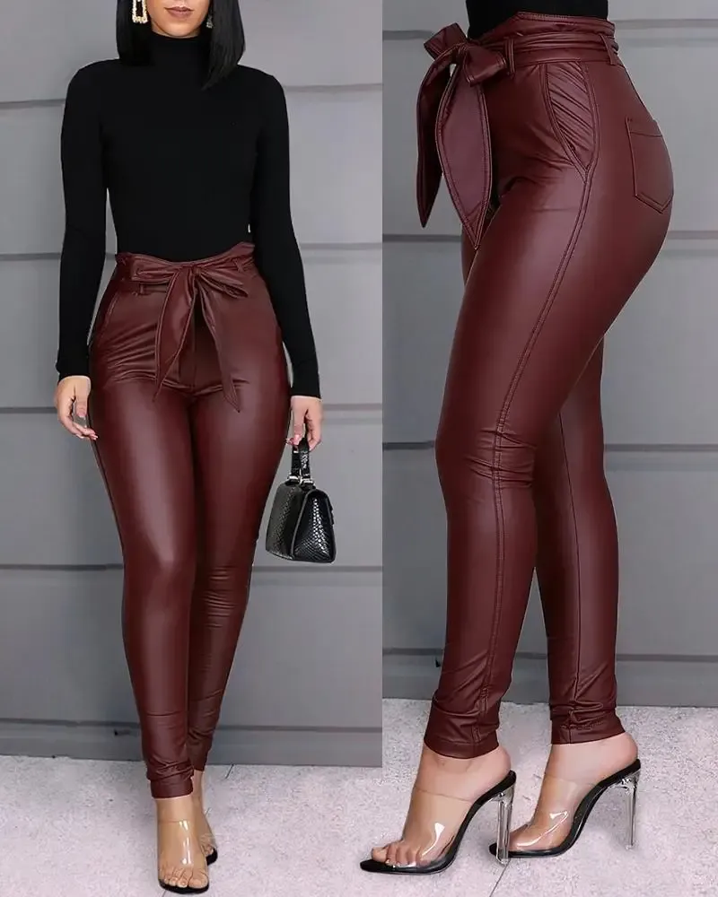 Capris Pantalon moulant en cuir PU pour femme, taille haute, avec nœud, Long, décontracté, bureau, rue, mode, vêtements slim, été 2023, nouveau