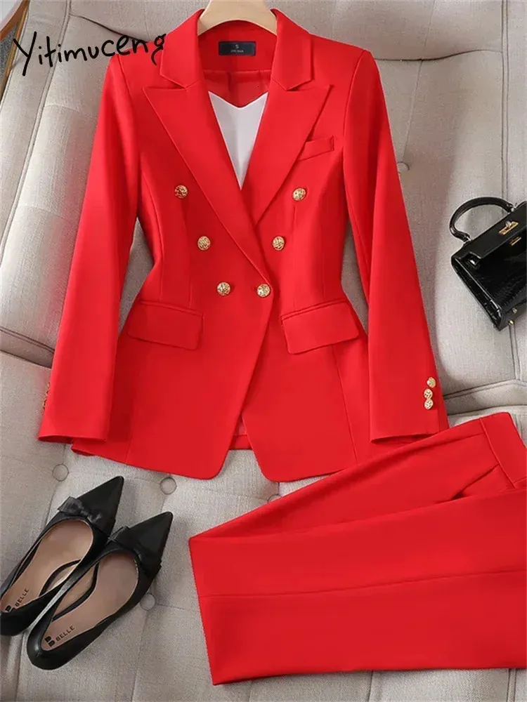 Yitimuceng Elegant Office Ladies Two Piece Set Womens Outifits Double Breasted Long Sleeve Blazers Lossa Casual Pant Suits 240219