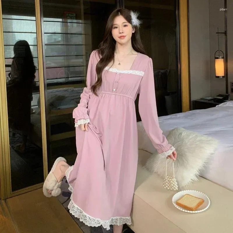 Kadın pijama 2024 Sonbahar Uzun Kollu Pamuk Nightgowns Kadınlar için Korece Sevimli Dantel Dres Gece Elbisesi Nightdress Home Nighty