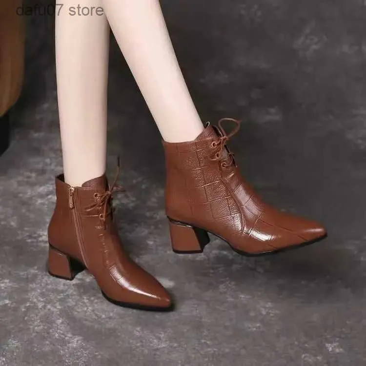 Boots Concise Ankle Women Chunky Square Heel Side Lace-Up Footwear Point Toe Decor Sewing Autumn Spring Casual 35-42H2434