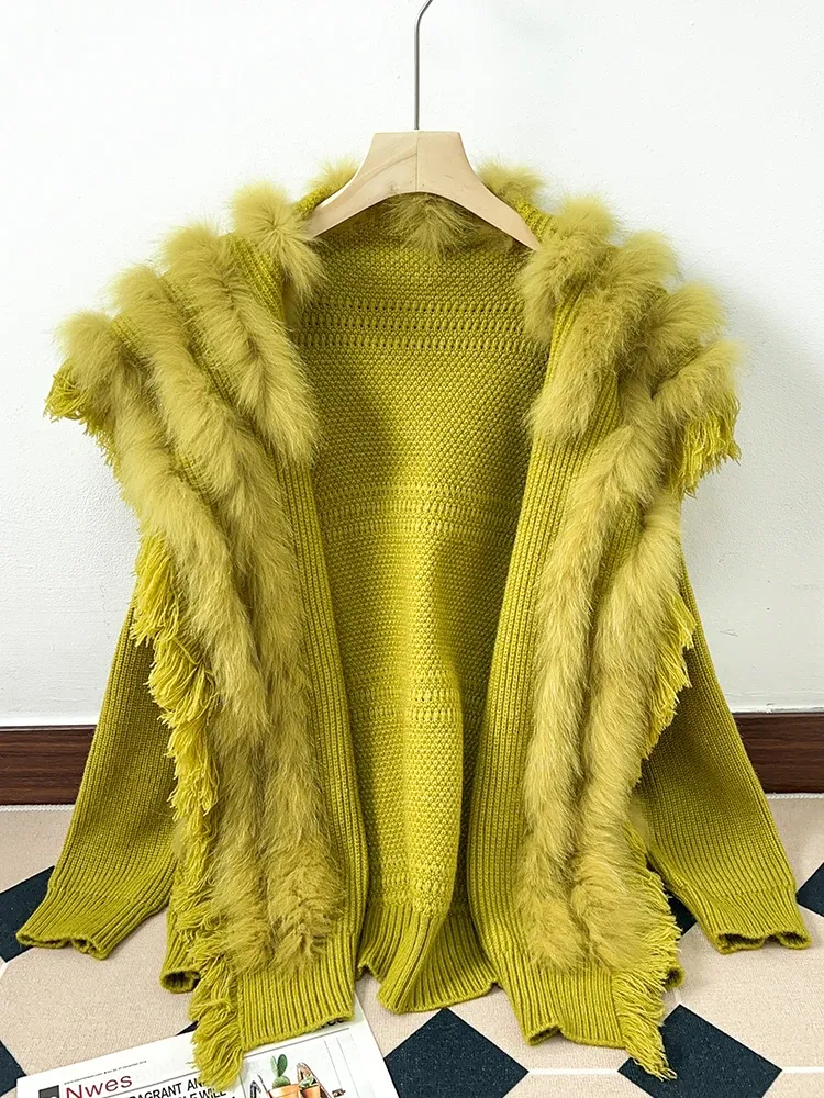 Ceketler zdfurs*gerçek tilki kürk Avrupa ürünleri püsküller gevşek boşta stil örgü hırka ceket kadın süveteri dikiş kürk kadınlar