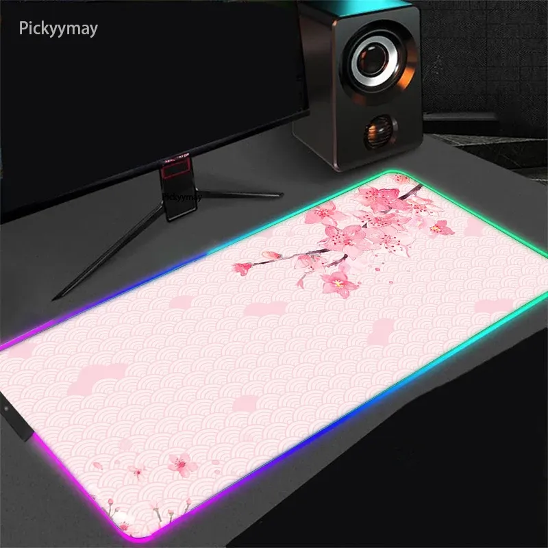 Pads Pink Sakura Large Mouse Pad RGB Mousepad LED Glow Computer Gamer Masuepad Keyboard PC Desk Mat Office Akcesoria MSTS