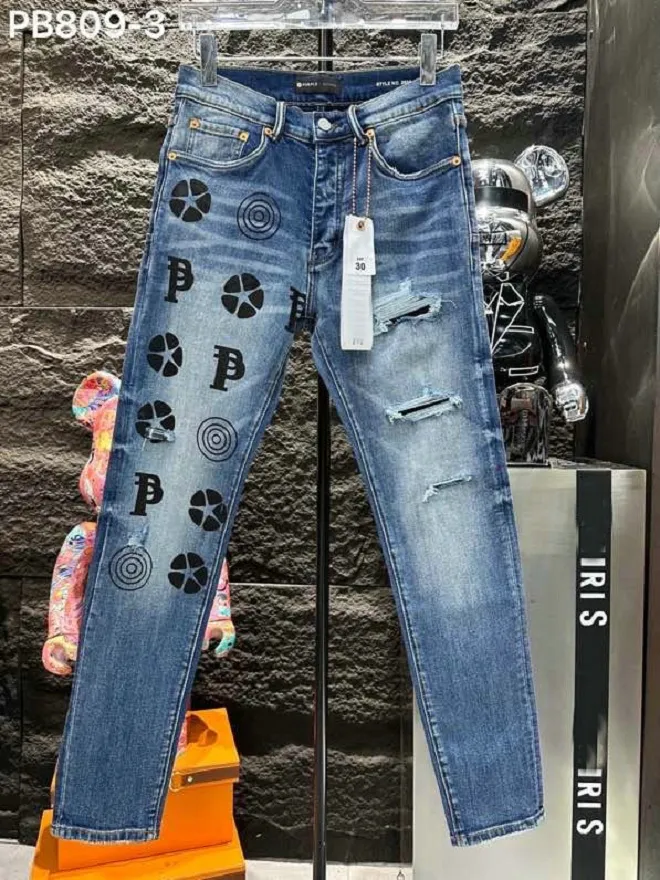 Pb809-3 mor yüksek kaliteli erkek kot pantolon sıkıntılı motosiklet bisikletçisi jean rock sıska ince yırtık delik şerit şık yılan nakış denim pantolon