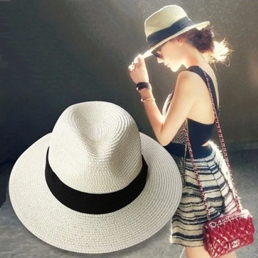 Verão floppy palha praia chapéus de sol para mulheres clássico aba larga chapéu panamá sombrero paja chapeau femme paille ete chapeu feminino2770