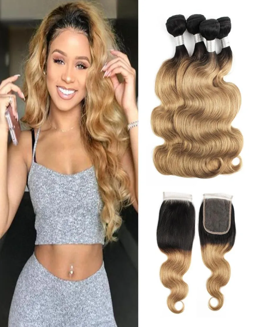 Ombre Hair Bundles With Closure 1B 27 Honey Blonde Brazilian Body Wave Hair 4 Bundles With 4x4 Lace Closure Remy Human Hair Extens8437574