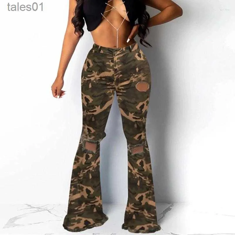 Damesjeans Jeans Sexy Mode Kniegat Stretch Strak Camouflage Denim Flare Broek Pantalones De Mujer Bell Bottoms Ropa 240304