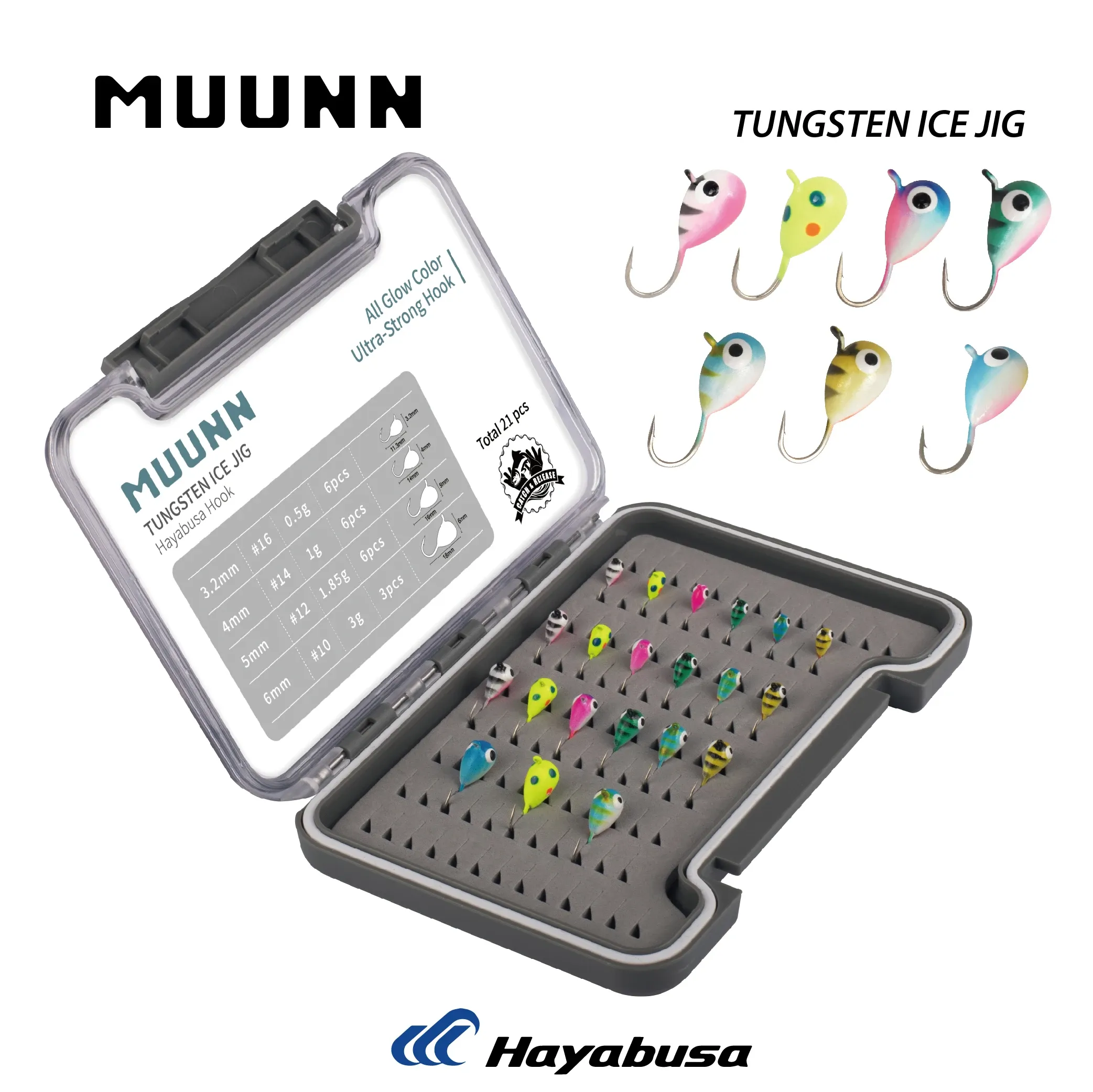 Fishhooks Muunn Tungsten Ice Fishing Jig Headセット、箱入り21pcsオールグローカラー、0.50g 3.00gマルチカラーハヤブサフック冬のアイスベイトパーチ