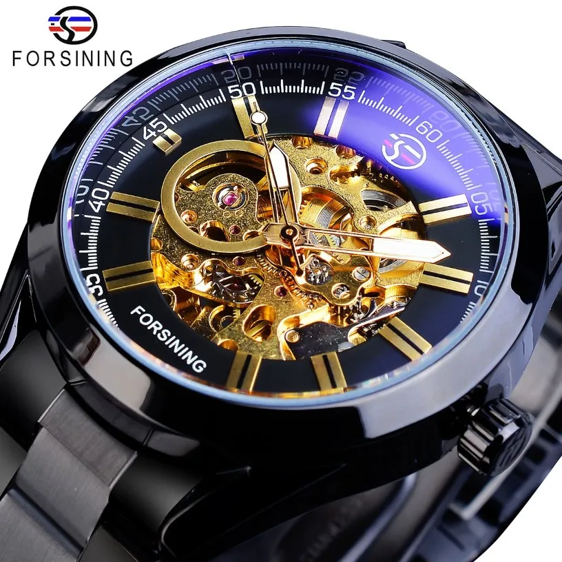 Forsining Steampunk Orologio meccanico da uomo Scheletro automatico Cinture in acciaio inossidabile nero Business Orologi da polso maschili Reloj Hombre302e