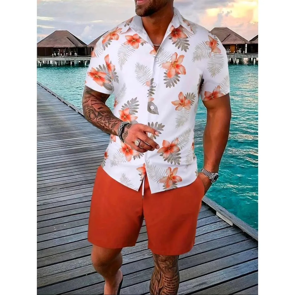 2024 Zomer Sets Print Revers Korte Mouw Casual Shirt Strand Shorts Streetwear Vakantie Hawaiiaanse Pakken Mannen Cothing