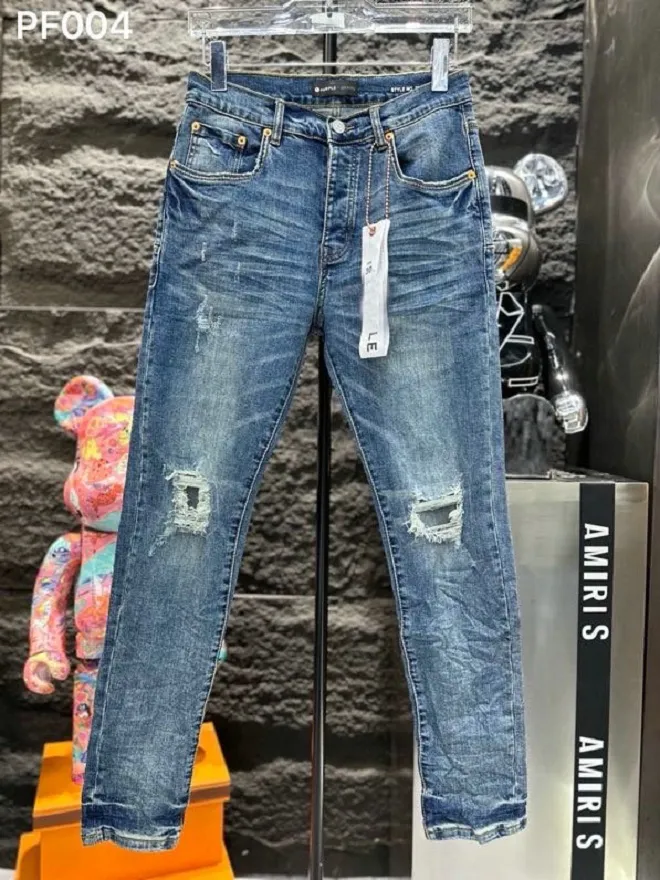 PF004 PURPLE Jeans para hombre de alta calidad Jeans desgastados para motociclistas Rock Skinny Slim Ripped Hole Stripe Pantalones de mezclilla con bordado de serpiente de moda
