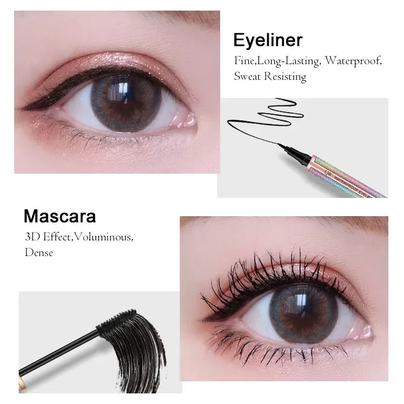 4D Fiber Lash Mascara Liquid Eyeliner Pencil kit Black Waterproof Makeup QIC starry sky Mascara Volume thick eyelash Long Lasting Eye liner