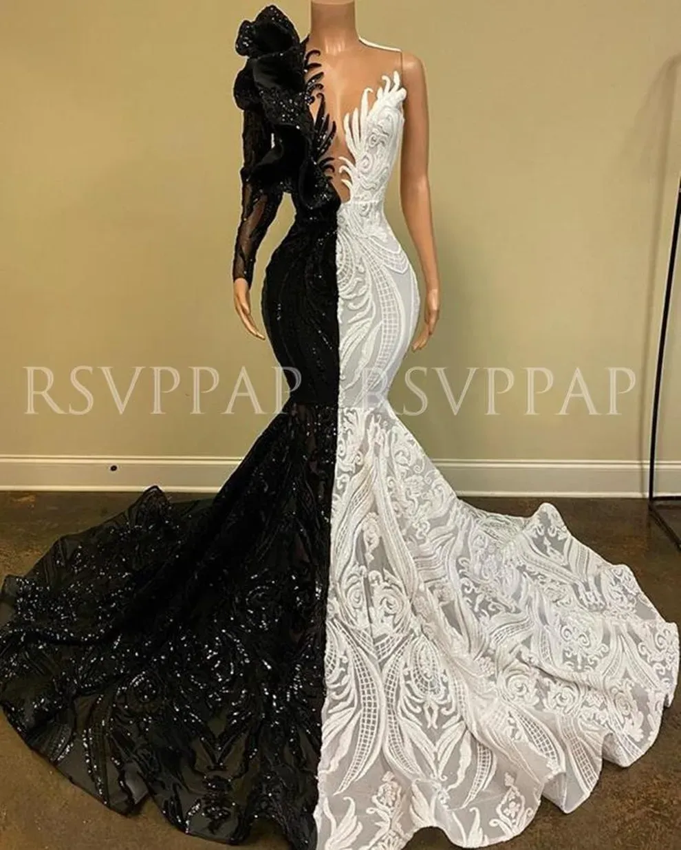 Vestido de sereia preto branco nova chegada de lantejoulas brilhantes uma manga longa e africana menina baile de baile bc es