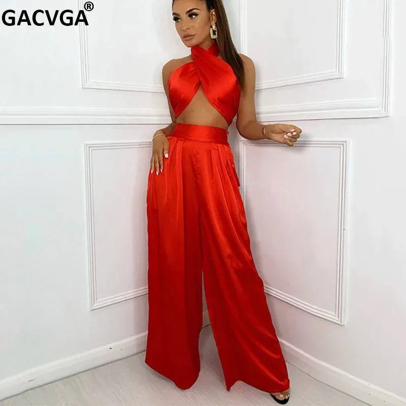 Capris Gacvga Sleeveless Two Piece Sets for Women Fashion Halter Crop Tops Wide Leg Pants Suits Beachwear Summer Backless Matching Set