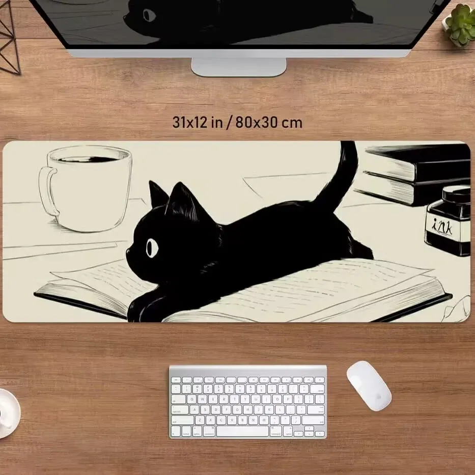 Pads Black Cat Desk Tat Mat fofo mousepad anime estético mouse pad xxl Gaming Deskmat 900x400 Coffee Beige Kawaii Manga Ratos Mate