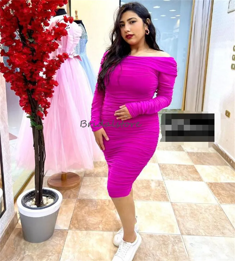 Plus Size Hot Pink Evening Dress Off Shoulders Long Sleeve Mermaid Prom Dresses Elegant Short Cocktail Party Dress Formal Dinner Club Holiday vestidos