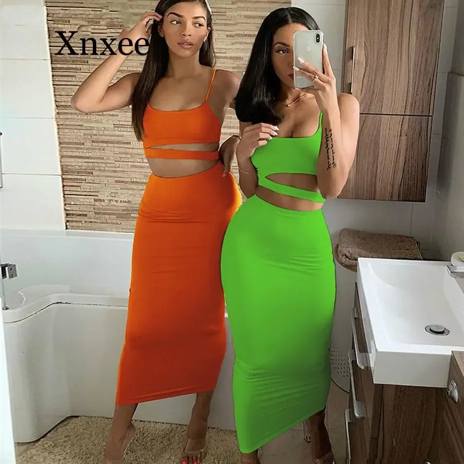Takım elbise iki parça set seksi etek ve mahsul en iyi kadın festival giyim neon yeşil 2 adet kulüp kıyafetleri bayanlar eşleşen setler