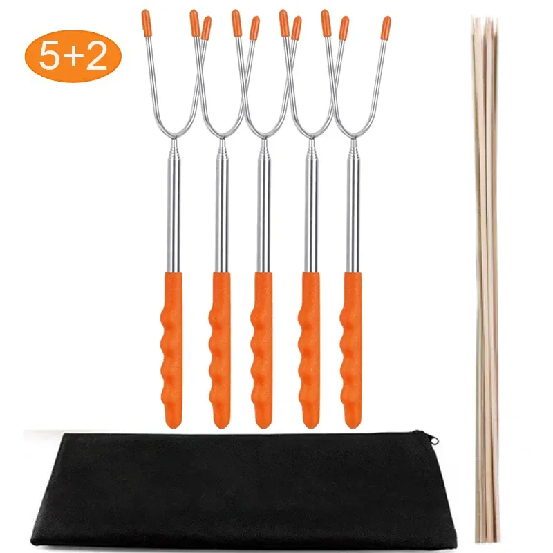 Kits 5pcs/lot Marshmallow Roasting Sticks Skewers Hot Dog Telescoping Rotating Forks Extra Long 45 Inch Stainless Bbq Barbecue Forks