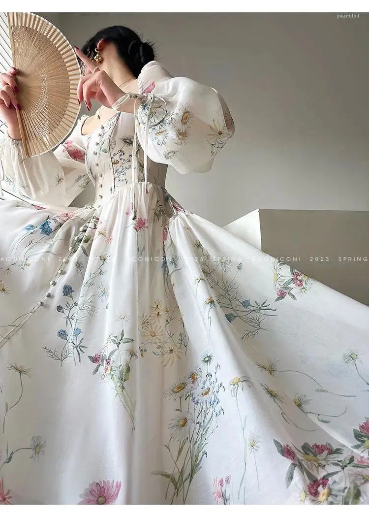 Casual jurken Franse elegante bloemen midi-jurk chiffon lange mouw avondfeest vrouw strandfee eendelig Koreaans 2024 zomer