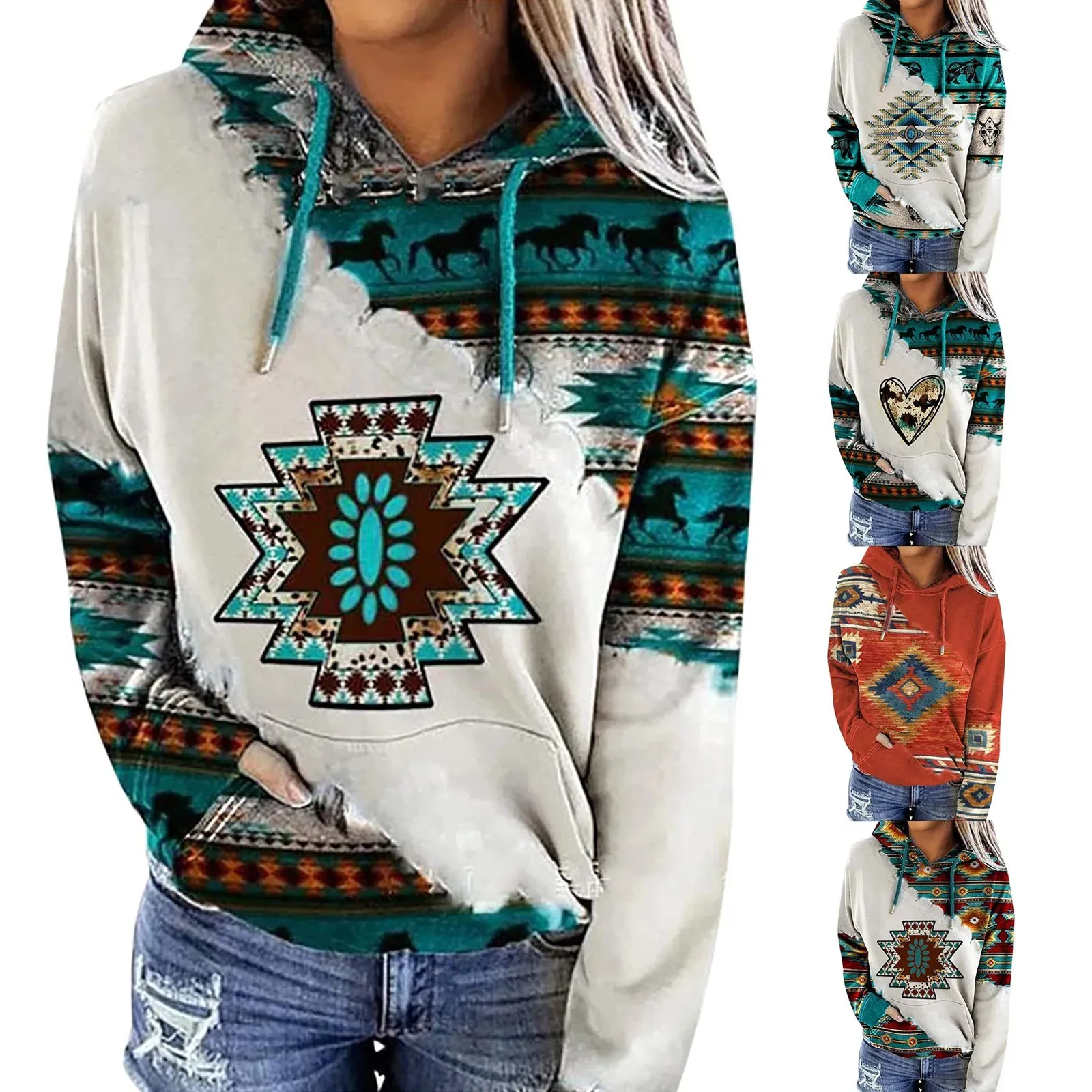 Женский повседневный пуловер с геометрическим принтом лошади и длинными рукавами на шнурке, топы с капюшоном в этническом стиле 240223